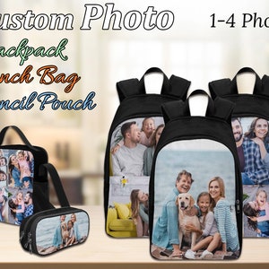 Sac à dos photo personnalisé Sac à lunch photo personnalisé Pochette à crayons photo Cadeau personnalisé de rentrée des classes Sac à dos photo imprimé Sac à dos photo de famille