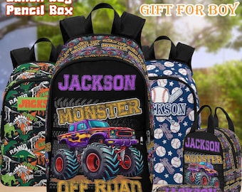 Mochila personalizada de Monster Truck, lonchera, mochila escolar personalizada con pelotas deportivas, mochila personalizada con nombre de dinosaurio, el mejor regalo para la vuelta al cole.