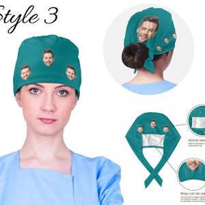 Puede incluir: Un gorro de quir&oacute;fano azul turquesa con una barra de toalla absorbente de sudor. El gorro tiene una corbata que se puede ajustar para un ajuste c&oacute;modo. El gorro presenta un patr&oacute;n repetido de la cara de un hombre.