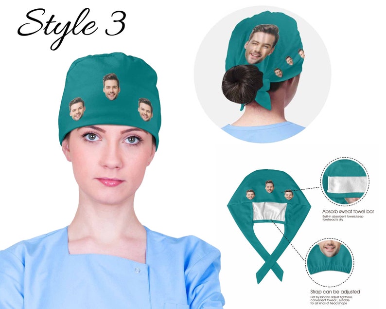 Puede incluir: Un gorro de quir&oacute;fano azul turquesa con una barra de toalla absorbente de sudor. El gorro tiene una corbata que se puede ajustar para un ajuste c&oacute;modo. El gorro presenta un patr&oacute;n repetido de la cara de un hombre.