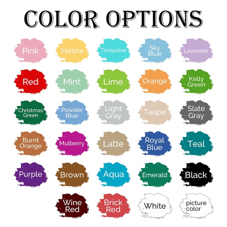 Puede incluir: Carta de colores con 25 muestras de colores diferentes. Los colores incluyen rosa, amarillo, turquesa, azul cielo, lavanda, rojo, menta, lima, naranja, verde kelly, verde navide&ntilde;o, azul polvo, gris claro, topo, gris pizarra, naranja quemado, mora, latte, azul real, azul aguamarina, morado, marr&oacute;n, aguamarina, esmeralda, negro, vino tinto, rojo ladrillo, blanco y color de la imagen.