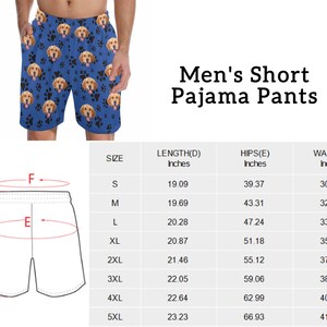 Op de afbeelding: Maattabel voor korte pyjamabroeken voor heren. De tabel toont de lengte-, heup- en taillematen in inches voor maten S tot en met 5XL.