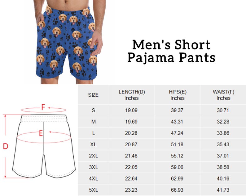 Op de afbeelding: Maattabel voor korte pyjamabroeken voor heren. De tabel toont de lengte-, heup- en taillematen in inches voor maten S tot en met 5XL.