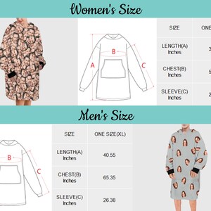 Puede incluir: Una tabla de tallas para una manta con capucha con medidas en pulgadas. La tabla muestra las medidas de longitud, pecho y manga para una talla de mujer y una talla de hombre.