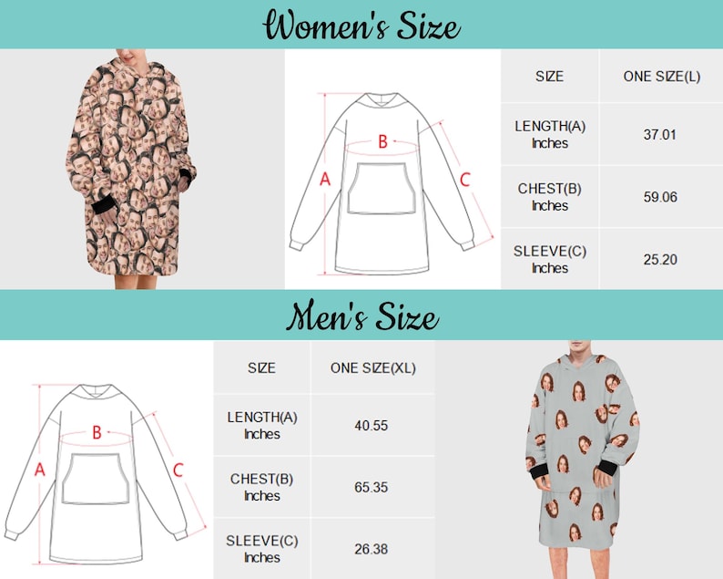 Puede incluir: Una tabla de tallas para una manta con capucha con medidas en pulgadas. La tabla muestra las medidas de longitud, pecho y manga para una talla de mujer y una talla de hombre.