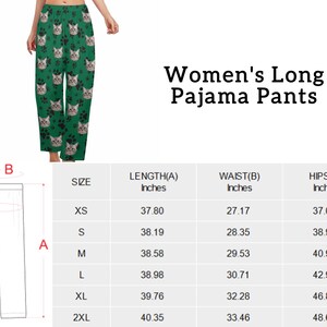 Op de afbeelding: Maattabel voor lange pyjamabroeken voor dames met maten in inches voor de maten XS, S, M, L, XL en 2XL. De tabel toont de lengte-, taille- en heupmaten voor elke maat.