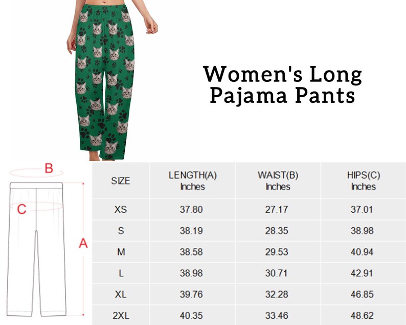 Op de afbeelding: Maattabel voor lange pyjamabroeken voor dames met maten in inches voor de maten XS, S, M, L, XL en 2XL. De tabel toont de lengte-, taille- en heupmaten voor elke maat.