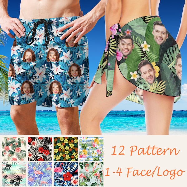 Custom Swim Trunks With Face Personalized Men Swimwear Hawaiian Swim Shorts with Face Custom Face Sarong Beach Wrap Face Women Swim Cover Up