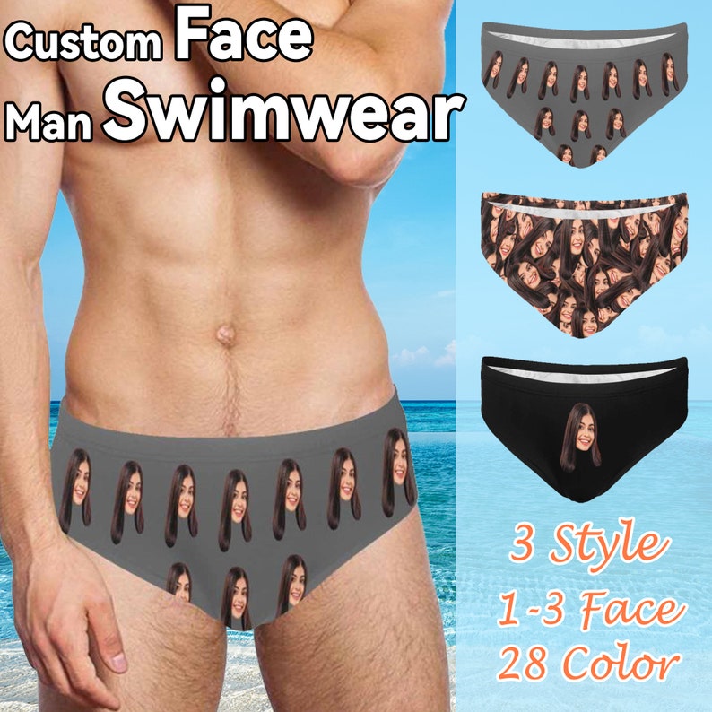 Op de afbeelding: Zelfontworpen badkleding met een grijze achtergrond en een herhalend patroon van een vrouwen gezicht. De tekst "Custom Face Man Swimwear" staat bovenaan de afbeelding. De tekst "3 Style 1-3 Face 28 Color" staat onderaan de afbeelding.