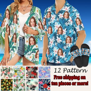 May include: Two people wearing tropical print shirts with different patterns. The shirts feature a variety of floral designs and have a blue background. The text "12 Pattern Free shipping on ten pieces or more!" is displayed below the shirts.