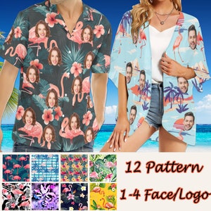 May include: Twelve different patterns of tropical themed shirts with the option to add 1-4 faces or logos. The patterns feature pink flamingos, palm trees, and tropical flowers.