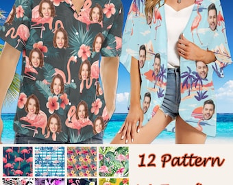 Camicia hawaiana personalizzata, camicia hawaiana personalizzata con volto per uomo, camicia hawaiana con fenicottero personalizzata per donna, copricostume per addio al celibato, festa in vacanza