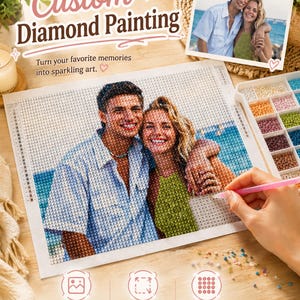 May include: A custom diamond painting kit featuring a canvas with a printed grid and a photograph of a couple at the beach. The kit includes a plastic tray with various colored resin drills, a pink applicator tool, and a reference photo.