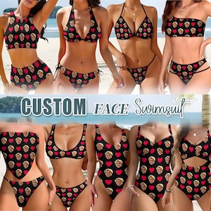 Op de afbeelding: Diverse op maat gemaakte badpakken met een zwart patroon met rode harten en gezichten. Stijlen zijn onder meer bikini's, badpakken uit één stuk en een bandeau-top. De tekst "CUSTOM FACE Swimsuit" is te zien.