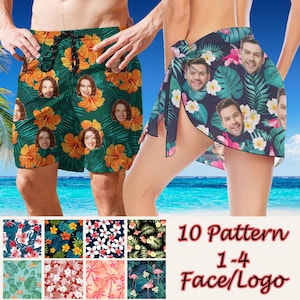 May include: Green and orange floral print swim trunks and a sarong with faces printed on them. The swim trunks have a drawstring. The sarong is tied at the waist. The image also shows 8 different patterns and the text "10 Pattern 1-4 Face/Logo".