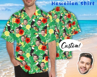 Custom Face Hawaiian Shirt for Men Personalized All Over Print Party Shirt Customize Photo Button Down Gift for Him Anniversary/Holiday Gift