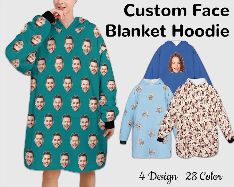 Puede incluir: Una sudadera con capucha de manta azul turquesa con un patr&oacute;n repetido de un rostro de hombre. La sudadera tiene una capucha grande y mangas largas. El texto "Custom Face Blanket Hoodie" est&aacute; escrito en negro en la parte superior de la imagen. El texto "4 Design 28 Color" est&aacute; escrito en negro en la parte inferior de la imagen.