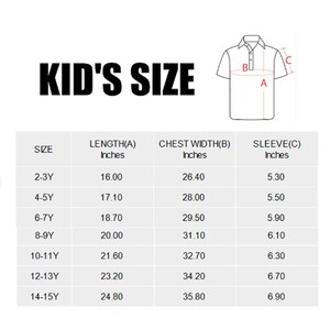 May include: A size chart for kids' clothing with measurements in inches. The chart shows the size, length, chest width, and sleeve length for sizes 2-3Y to 14-15Y.