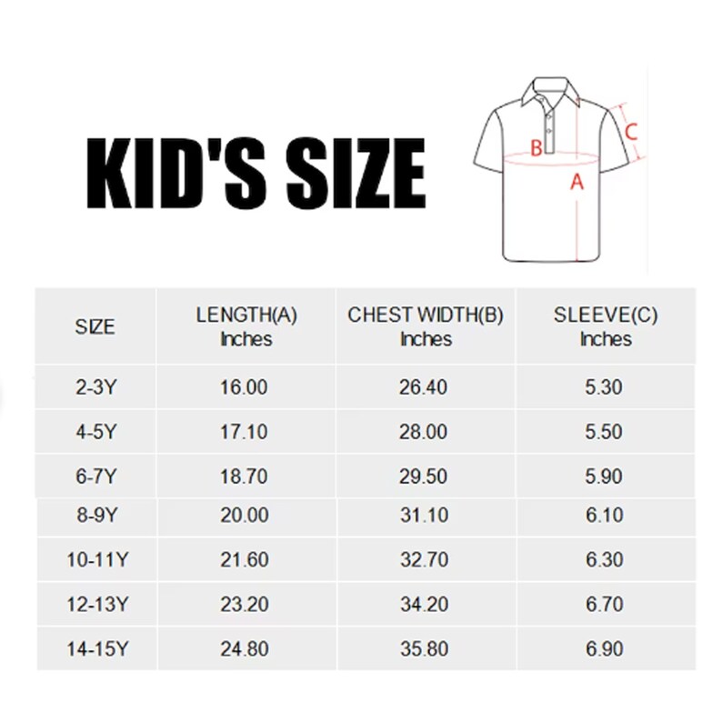 May include: A size chart for kids' clothing with measurements in inches. The chart shows the size, length, chest width, and sleeve length for sizes 2-3Y to 14-15Y.