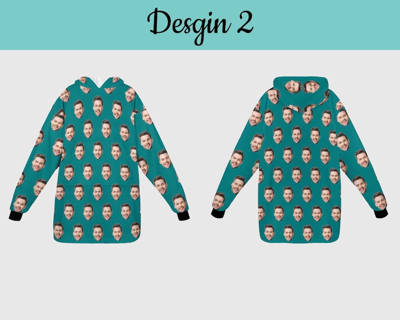 Puede incluir: Una sudadera con capucha azul turquesa con un patr&oacute;n repetido de la cara de un hombre.