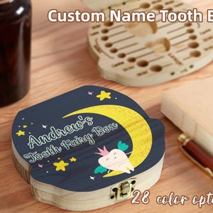 Custom Name Tooth Box Personalized Wooden Tooth Storage Box Tooth Keepsake Gift for Baby Girl Boy Customizable Tooth Saver with Moon Star