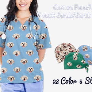 Aangepaste gezichtsscrub Gepersonaliseerde scrubmuts Foto met V-hals scrub Custom logo scrubmuts Gezichtsscrubmuts Gezichtsscrub met zak Cadeau voor verpleegkundige
