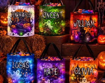 May include: Six cylindrical Halloween candy buckets with black handles, each featuring a unique colorful scene with ghosts, pumpkins, and a name printed in white: Richard, Vincent, William, Lucas, Kate, and Olivia. The buckets are illuminated.