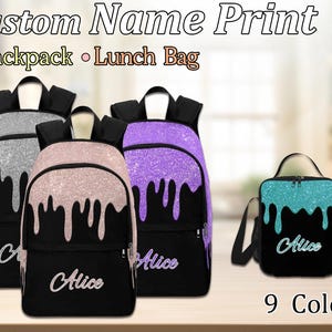 Sac à dos avec nom personnalisé Sac à lunch avec nom prénom Sac à dos à imprimé scintillant Cadeau de rentrée scolaire Sac à dos de retour à l'école Sac à dos de voyage
