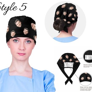 Puede incluir:  gorro de quir&oacute;fano negro con un patr&oacute;n repetido de un rostro. El gorro tiene una barra absorbente de sudor y correas ajustables. Estilo 5.