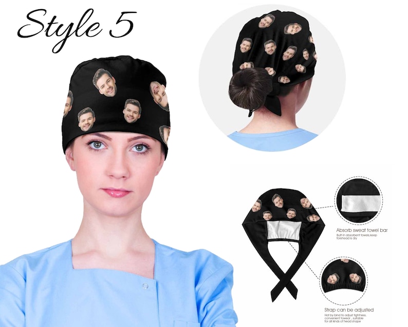 Puede incluir:  gorro de quir&oacute;fano negro con un patr&oacute;n repetido de un rostro. El gorro tiene una barra absorbente de sudor y correas ajustables. Estilo 5.