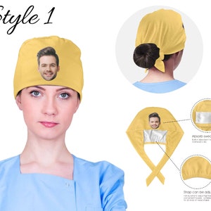 Puede incluir: Un gorro de quir&oacute;fano amarillo con una barra para toalla de sudor y correas ajustables. El gorro tiene una foto de una cara impresa en &eacute;l. Estilo 1.