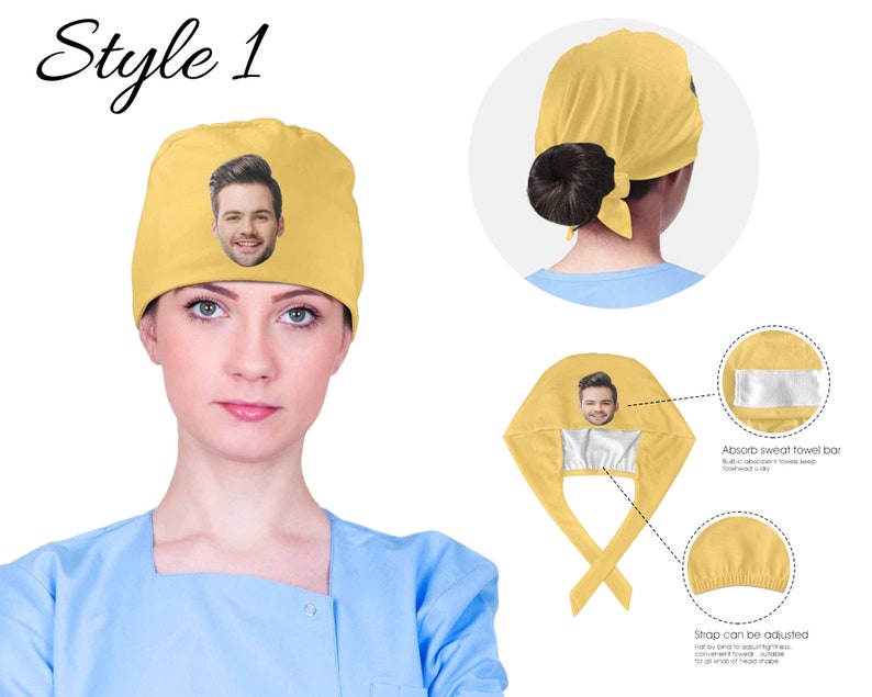 Puede incluir: Un gorro de quir&oacute;fano amarillo con una barra para toalla de sudor y correas ajustables. El gorro tiene una foto de una cara impresa en &eacute;l. Estilo 1.