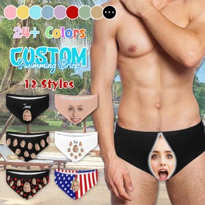 May include: Image features custom swimming briefs in various styles and colors. The text reads "24+ Colors" and "12 Styles". Several briefs are displayed, including black, white, and patterned designs, each with a personalized face print.