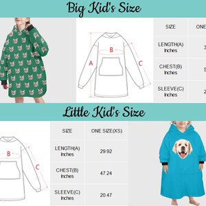 Puede incluir: Tabla de tallas para una sudadera con capucha y bolsillo. La tabla muestra las medidas de la longitud, el pecho y la manga en pulgadas para tallas de ni&ntilde;o grande y ni&ntilde;o peque&ntilde;o.