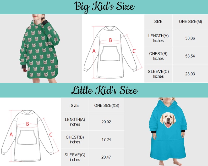 Puede incluir: Tabla de tallas para una sudadera con capucha y bolsillo. La tabla muestra las medidas de la longitud, el pecho y la manga en pulgadas para tallas de ni&ntilde;o grande y ni&ntilde;o peque&ntilde;o.