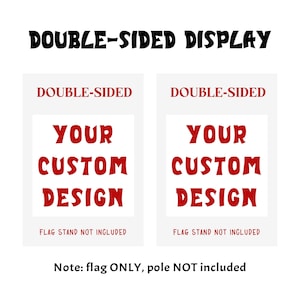 May include: A white background with two rectangular displays. Each display reads "DOUBLE-SIDED" at the top, followed by "YOUR CUSTOM DESIGN" in red. Below, it states "FLAG STAND NOT INCLUDED." The text "DOUBLE-SIDED DISPLAY" is at the top.