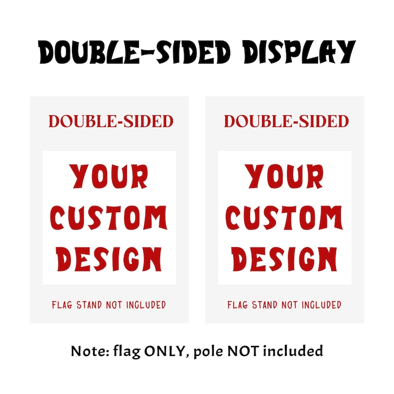 May include: A white background with two rectangular displays. Each display reads "DOUBLE-SIDED" at the top, followed by "YOUR CUSTOM DESIGN" in red. Below, it states "FLAG STAND NOT INCLUDED." The text "DOUBLE-SIDED DISPLAY" is at the top.