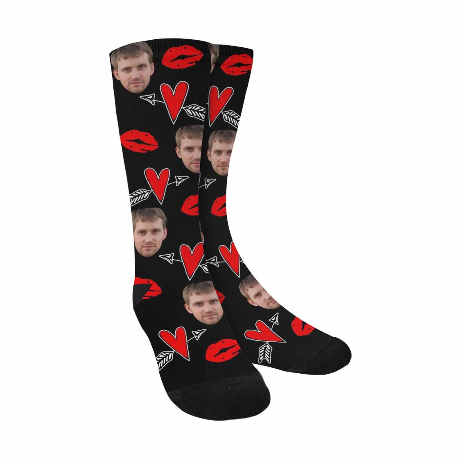 Custom Funny Face on Socks Customized Red Hearts Unisex Crew | Etsy