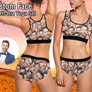 以下が含まれることがあります： 2人の女性が、顔のコラージュがプリントされた黒いスポーツブラとそれに合わせた下着を着用しています。画像の上部には「Custom Face Sports Bra Yoga Set」というテキストがあります。
