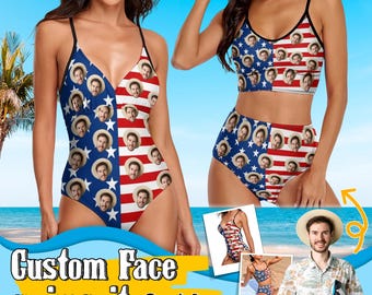 Custom American Flag Swimsuit,Personalized American Flag Face on Bathing Suit,Customized Photo Swimwear,Perfect for Independence Day Party