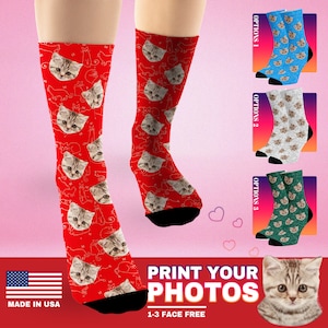 Personalized Birthday Gifts for Her Custom Cat&#39;s Face Socks with Photo Customized Cat Picture Socks - Made in USA