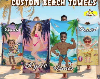 May include: Custom beach towels with personalized designs. The towels feature cartoon illustrations of people on a beach, with names like Emma, Kylie, James, and Daniel. The towels have a tropical theme with palm trees and beach scenes.