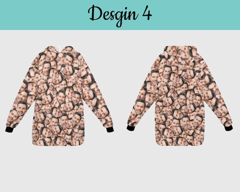 Puede incluir: Una sudadera con capucha de manga larga con un patr&oacute;n de im&aacute;genes repetidas de una cara. La sudadera est&aacute; disponible en una variedad de colores y tama&ntilde;os.