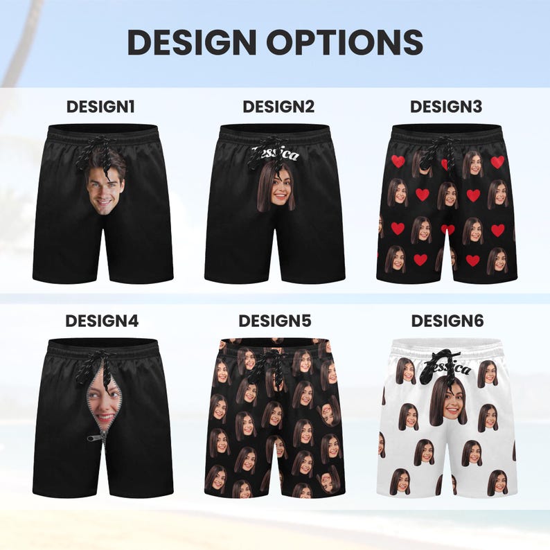 Pu&ograve; includere: L'immagine mostra sei paia di pantaloncini da bagno neri e bianchi con diversi disegni di volti. Il testo "DESIGN OPTIONS" &egrave; in alto. Ogni paio ha un design diverso, tra cui volti, cuori e un design con cerniera.