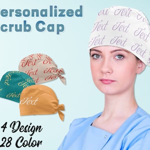 May include: Four different designs of personalized scrub caps with the word "Text" repeated on each cap. The caps are in beige, teal, orange, and white. The caps are shown on a model wearing a blue scrub top.