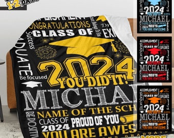 Custom Class of 2024 Graduation Gift Blanket Personalized Throw Blanket with Name and School for High School and College Graduates Gifts