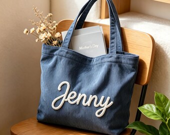 Personalized Corduroy Tote Bag, Custom Chenille Name Shoulder Bag, Casual School & Errands Bag, Mother's Day Gift