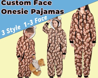 Custom Face Hooded Onesie Pajamas Personalized Photo One-piece Zipper Pajamas Customize Muti-faces Hooded Onesie Jumpsuits Christmas Gift