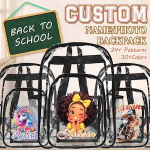 Personalized Kids Clear Backpack,Custom PVC Transparent Backpack with Name,Customized Pattern Water Proof School Bag,Back to School Gift
