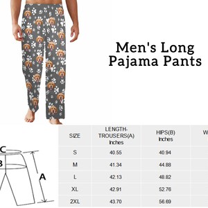 Op de afbeelding: Maattabel voor lange pyjamabroeken voor heren. De tabel toont de lengte van de broek, de heupen en de taille in inches voor de maten S, M, L, XL en 2XL.
